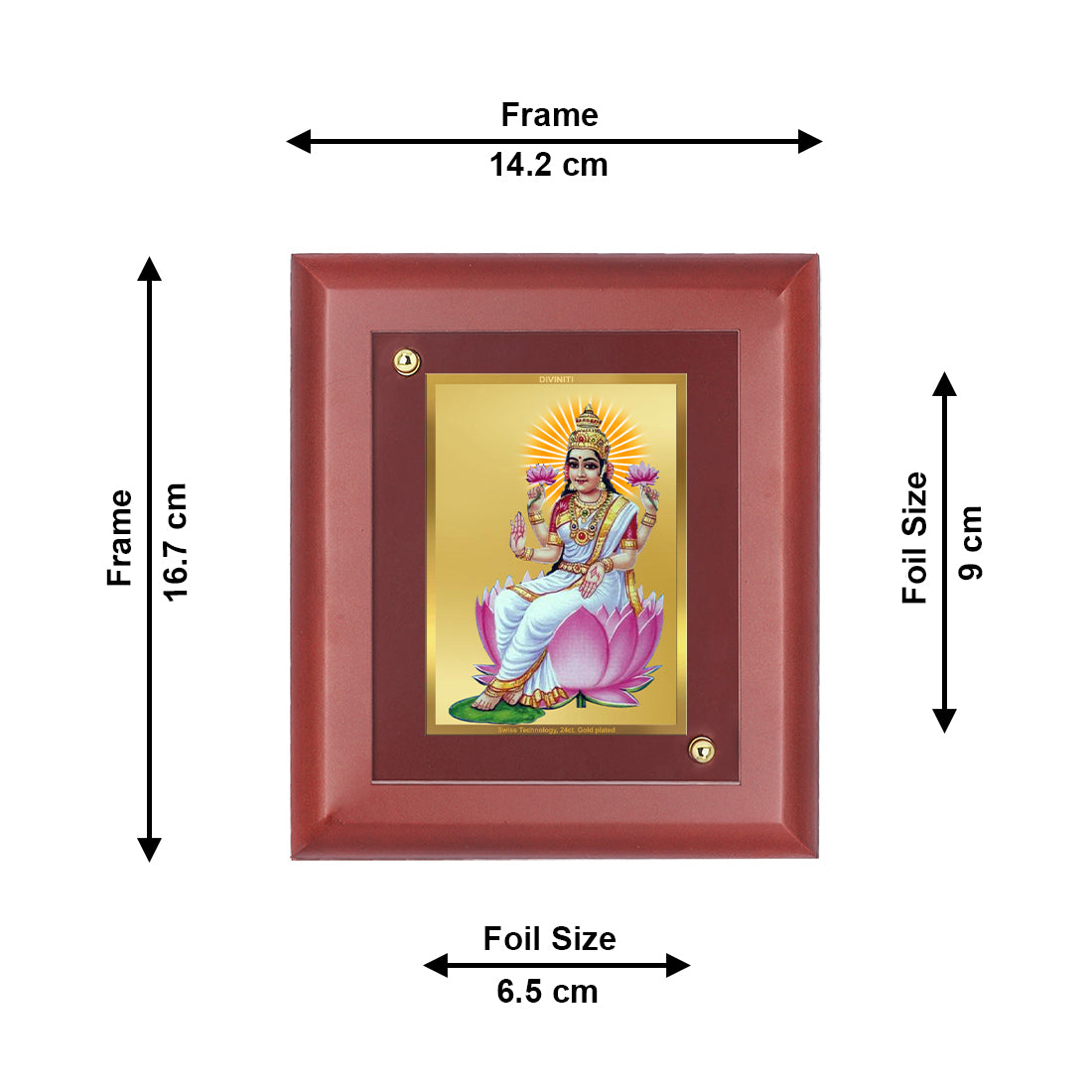 DIVINITI 24K Gold Plated Foil Goddess Ashwarya Lakshmi Wooden Photo Frame Idol for Home Decor, Wall Hanging, Table Top, Puja Room, Gift | MDF Size 1 (16.7x14.2 CM)