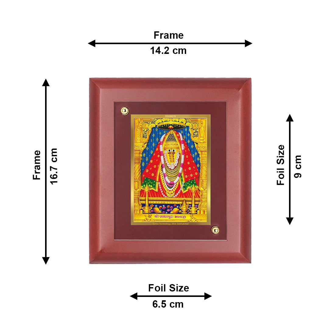 DIVINITI 24K Gold Plated Foil Ashapura Mata Wooden Elegant Photo Frame Idol for Home Wall Decor, Table Top, Puja Room, Luxury Gift | MDF Size 1 (16.7x14.2 CM)