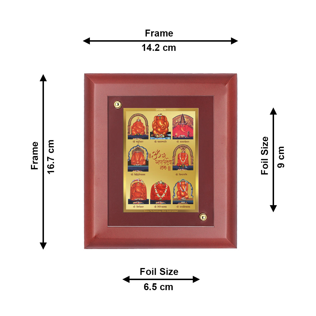 DIVINITI 24K Gold Plated Foil Ashtha Ganesha Photo Frame Idol for Home & Office Wall Decor, Table Top, Puja Room, Gift|MDF Size 1 (16.7x14.2 CM)