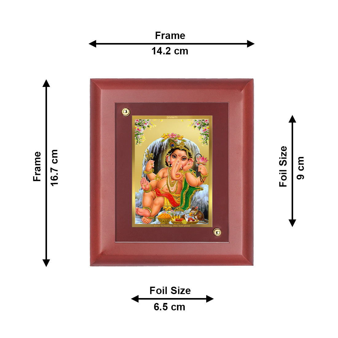 DIVINITI 24K Gold Plated Foil Lord Bal Ganesha Wooden Photo Frame Idol for Home Decor, Table Top, Wall Hanging, Puja Room, Gift | MDF Size 1 (16.7x14.2 CM)