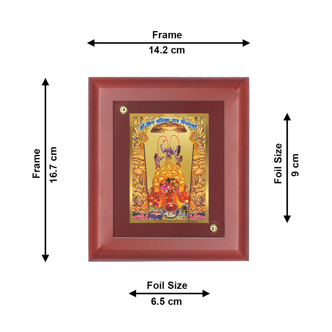 DIVINITI 24K Gold Plated Foil Chintpoorni Maa Wall Photo Frame Idol for Home Decor, Table Top, Puja Room, Luxury Gift|MDF Size 1 (16.7x14.2 CM)