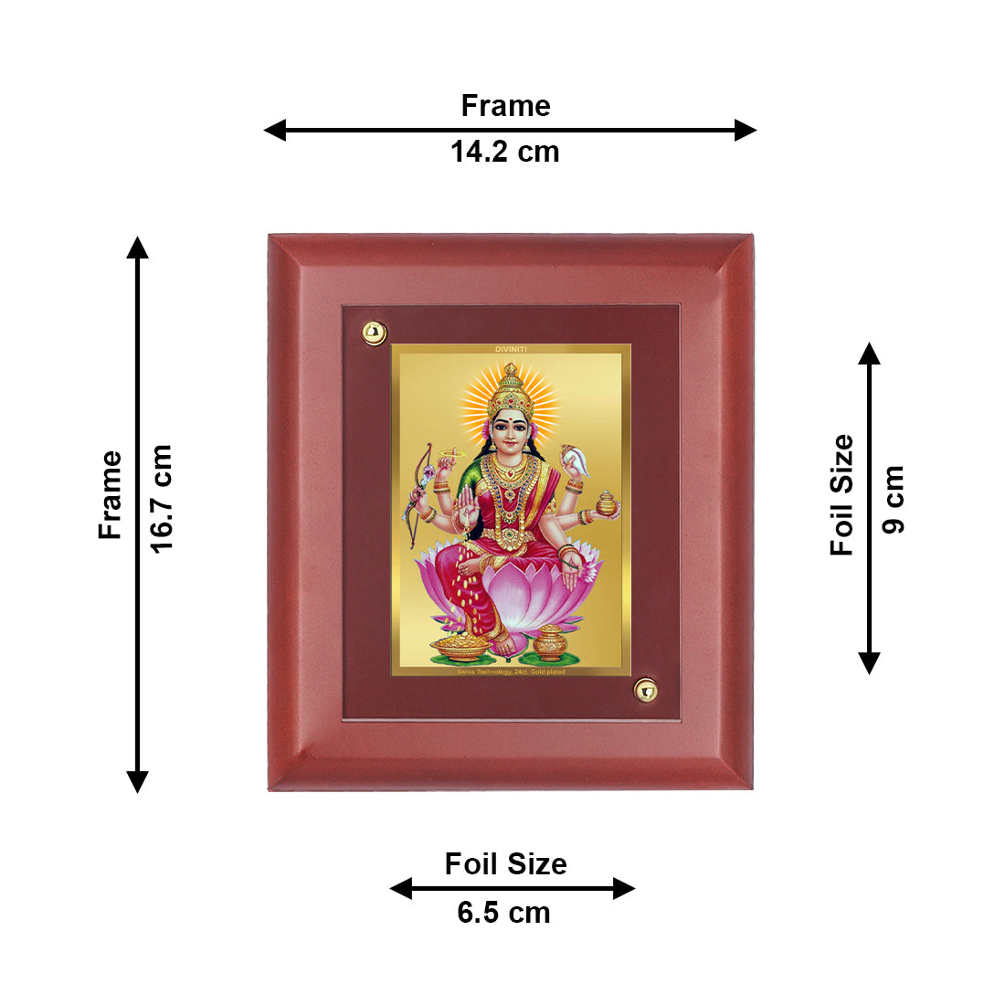 DIVINITI 24K Gold Plated Foil Goddess Dhan Lakshmi Wooden Photo Frame Idol for Home Decor, Wall Hanging, Puja Room, Luxury Gift | MDF Size 1 (16.7x14.2 CM)