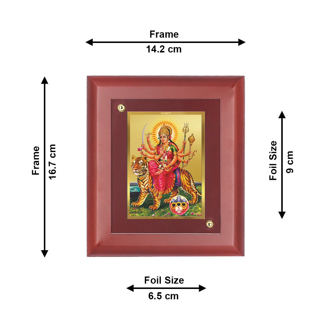 DIVINITI 24K Gold Plated Foil Goddess Durga Maa Photo Frame Idol for Home Decor, Wall Hanging, Table Top, Puja Room, Gift|MDF Size 1 (16.7x14.2 CM)