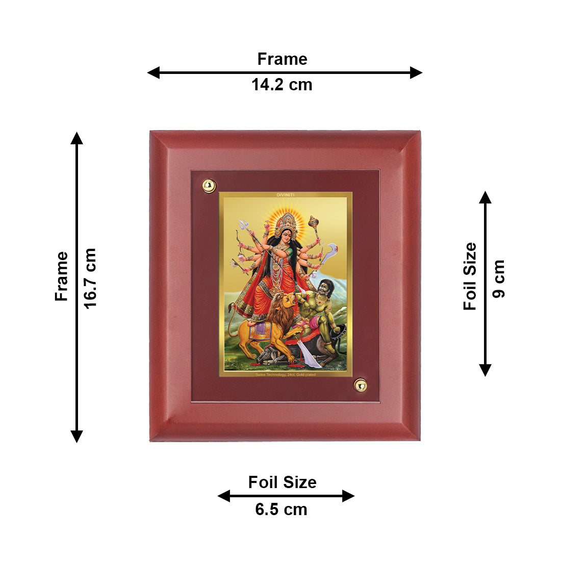 DIVINITI 24K Gold Plated Foil Goddess Durga Mata Luxury Wooden Photo Frame Idol for Home & Office Wall Decor, Table Top, Puja Room, Gift | MDF Size 1 (16.7x14.2 CM)