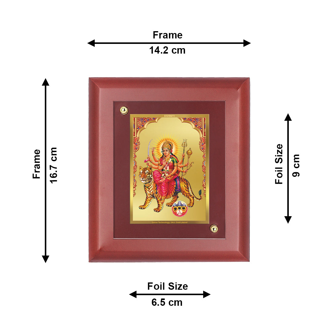 DIVINITI 24K Gold Plated Foil Goddess Durga Elegant Wall Photo Frame Idol for Home & Office Decor, Table Top, Puja Room, Gift|MDF Size 1 (16.7x14.2 CM)