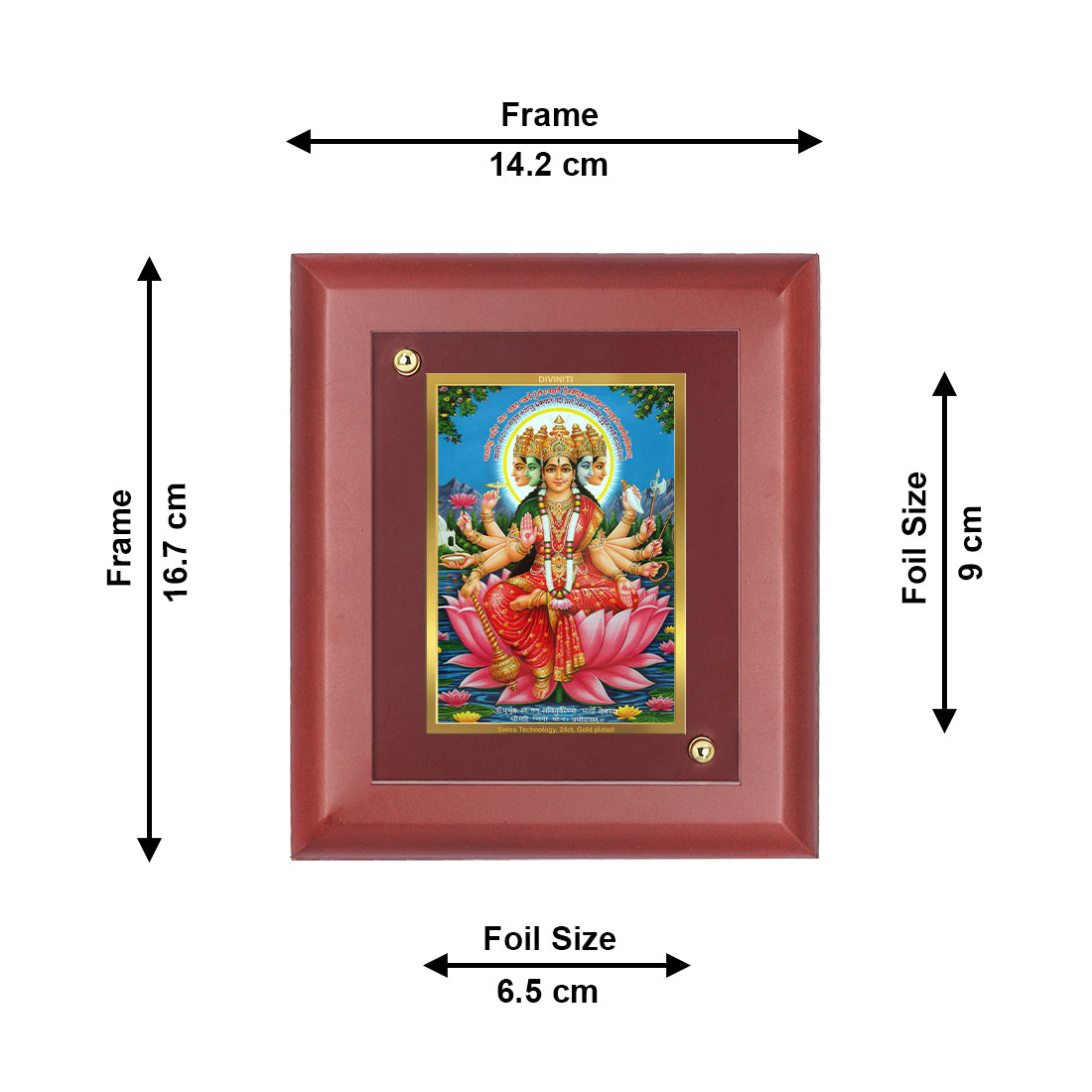 DIVINITI 24K Gold Plated Foil Goddess Gayatri Photo Frame Idol for Home Decor, Wall Hanging, Table Top, Puja Room, Gift|MDF Size 1 (16.7x14.2 CM)