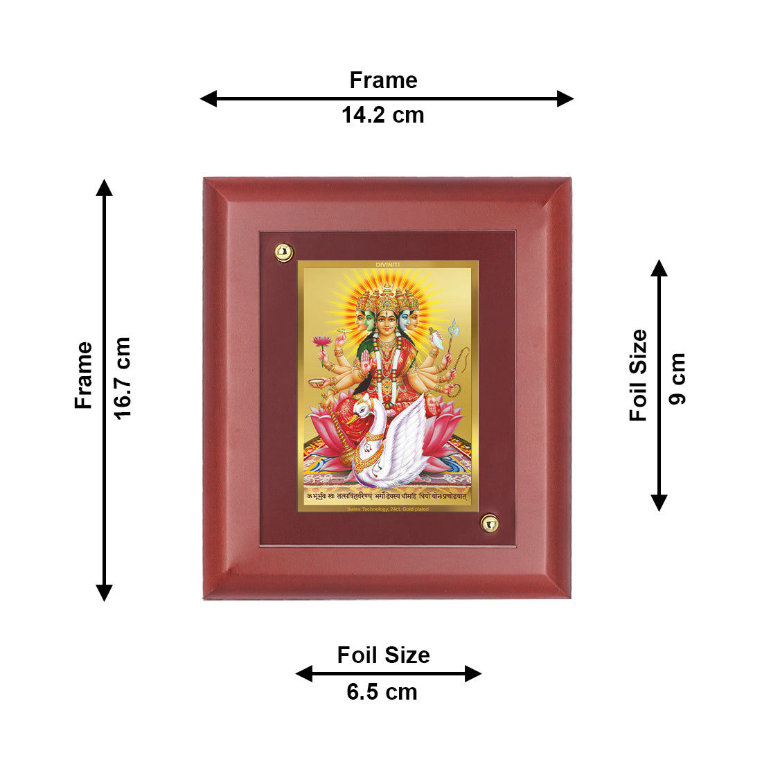 DIVINITI 24K Gold Plated Foil Goddess Gayatri Tradition Wooden Wall Photo Frame Idol for Home & Office Decor, Table Top, Puja Room, Gift | MDF Size 1 (16.7x14.2 CM)