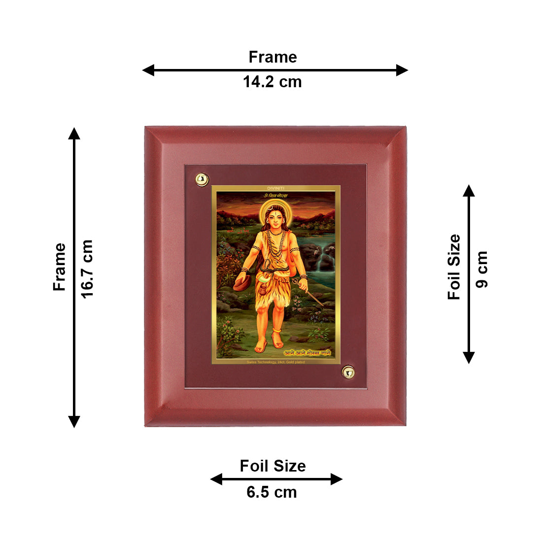 DIVINITI 24K Gold Plated Foil Baba Gorakhnath Elegant Photo Frame Idol for Home Decor, Wall Hanging, Table Top, Gift|MDF Size 1 (16.7x14.2 CM)