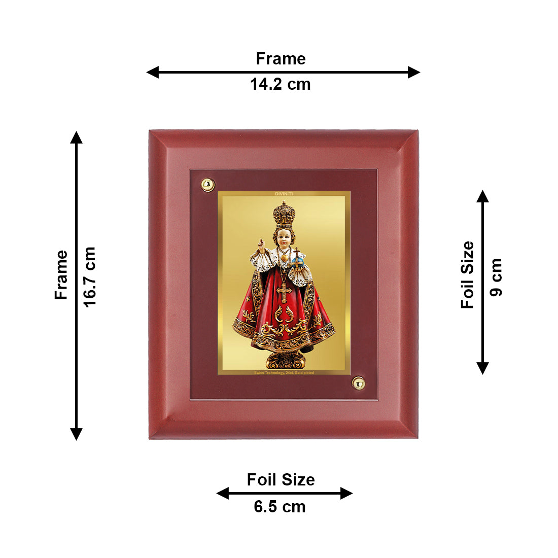 DIVINITI 24K Gold Plated Foil Infant Jesus Wooden Photo Frame Idol for Workshop, Home Decor, Wall Hanging, Table Top, Luxury Gift | MDF Size 1 (16.7x14.2 CM)