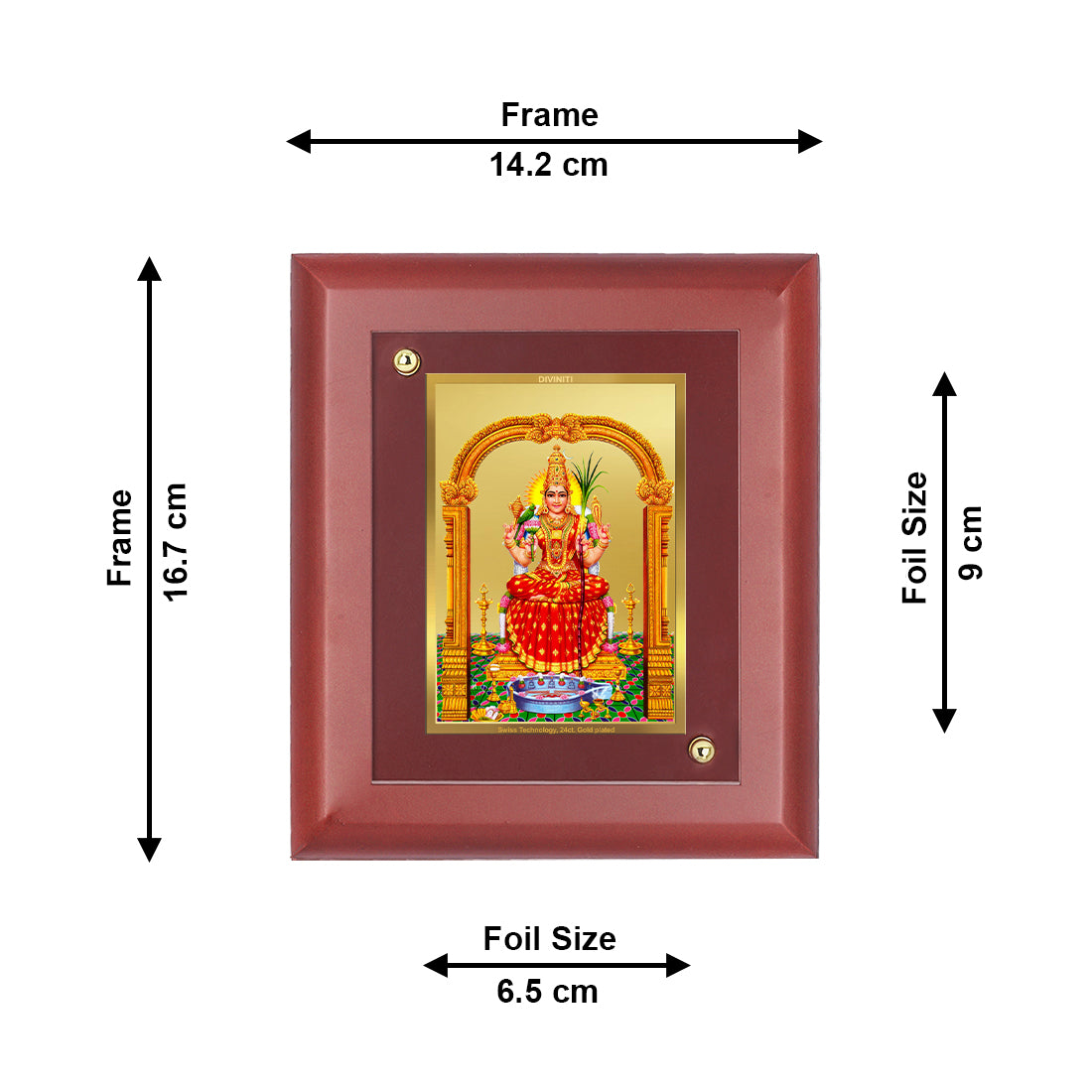 DIVINITI 24K Gold Plated Foil Kanchi Kamakshi Amman Wooden Classic Photo Frame Idol for Home Wall Decor, Table Top, Gift | MDF Size 1 (16.7x14.2 CM)