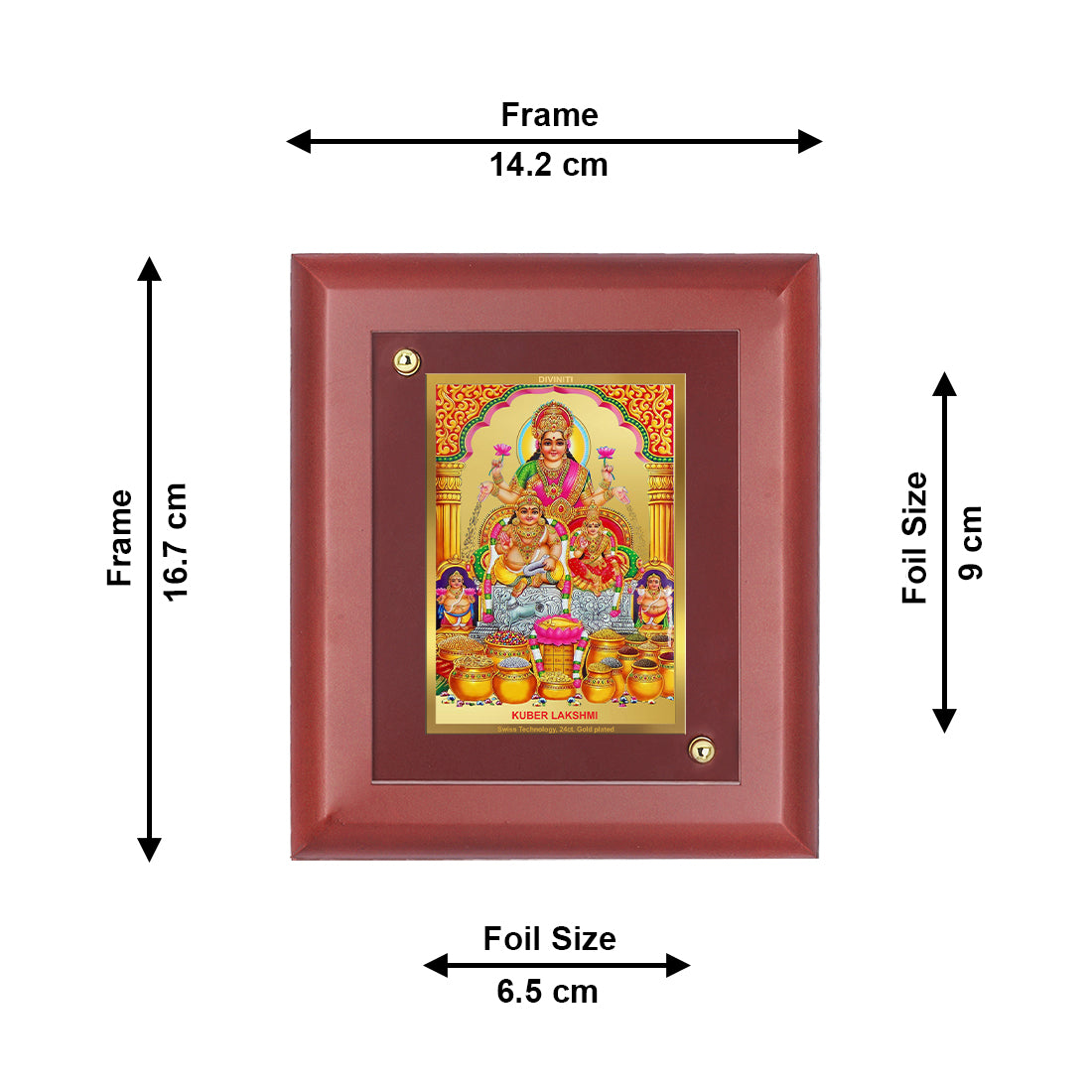 DIVINITI 24K Gold Plated Foil Kuber Lakshmi Wooden Photo Frame Idol for Home Decor, Wall Hanging, Table Top, Worship , Gift | MDF Size 1 (16.7x14.2 CM)