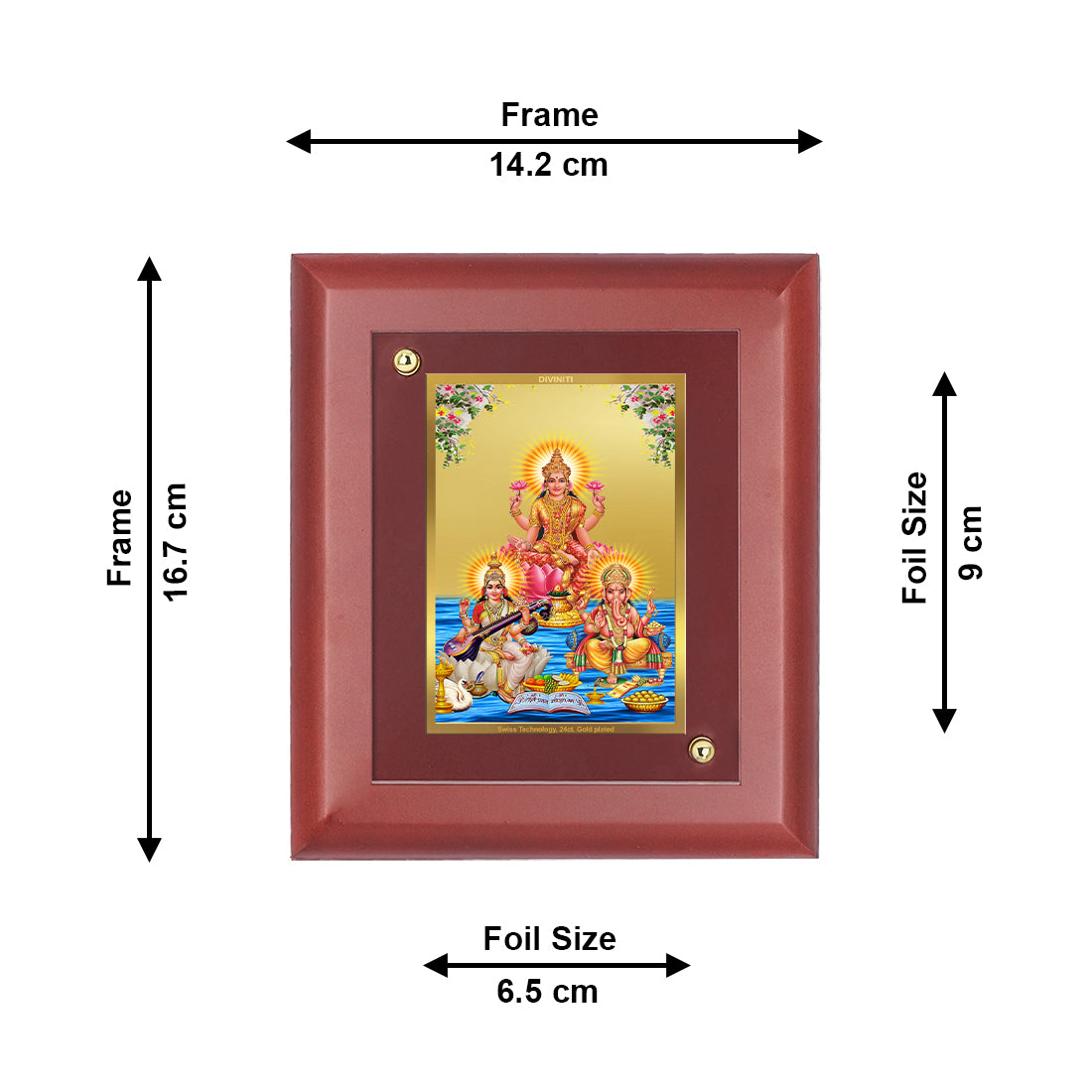 DIVINITI 24K Gold Plated Foil Lakshmi Ganesha Saraswati Wall Photo Frame Idol for Puja Room, Home Decor, Table Top, Gift|MDF Size 1 (16.7x14.2 CM)