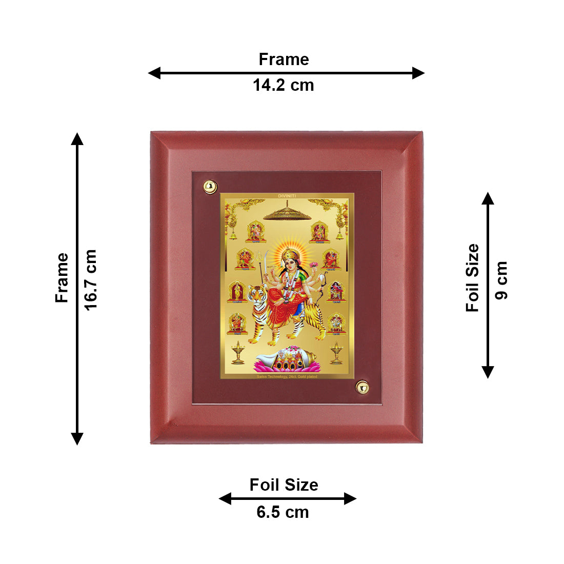 DIVINITI 24K Gold Plated Foil Nav Durga Wooden Classic Photo Frame Idol for Puja Room, Wall Hanging, Home Decor, Table Top, Gift | MDF Size 1 (16.7x14.2 CM)