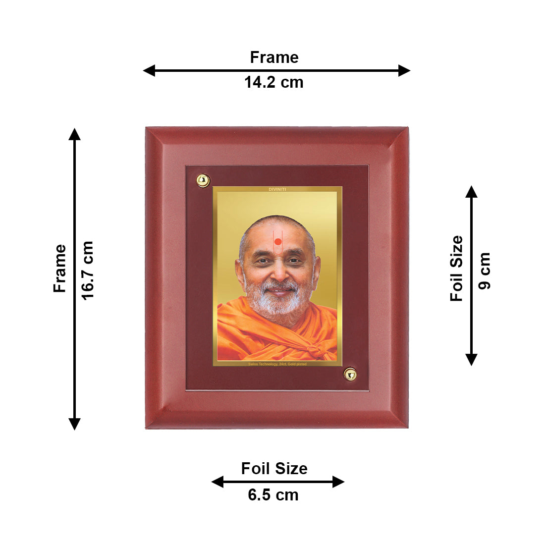 DIVINITI 24K Gold Plated Foil Pramukh Swami Wooden Photo Frame Idol for Home Decor, Wall Decor, Table Top, Gift | MDF Size 1 (16.7x14.2 CM)