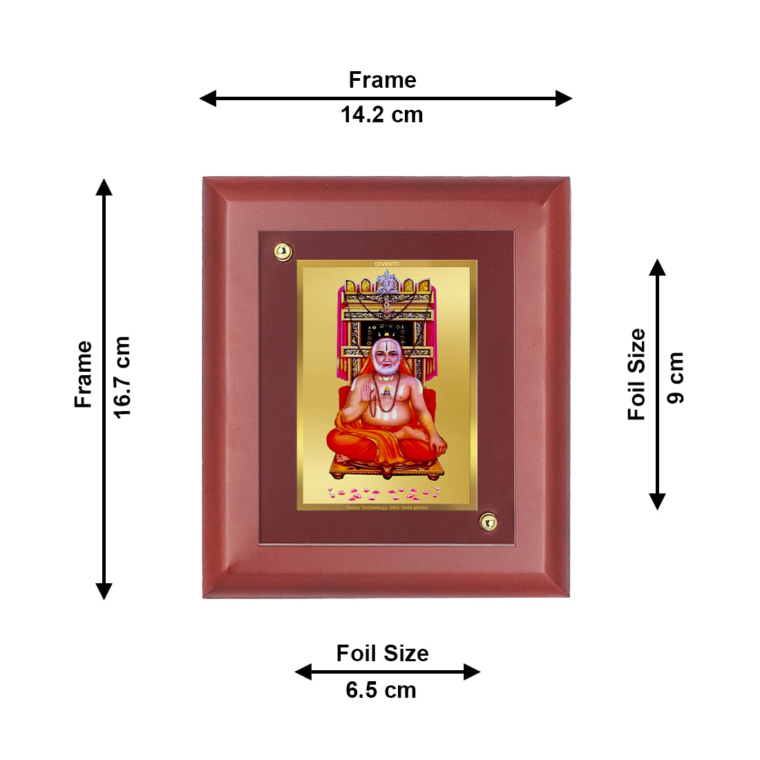 DIVINITI 24K Gold Plated Foil Raghvender Swami Wooden Classic Photo Frame Idol for Wall Hanging, Home Decor, Table Top, Gift | MDF Size 1 (16.7x14.2 CM)