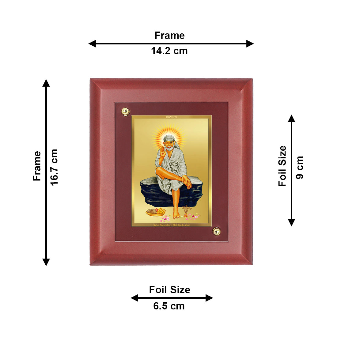 DIVINITI 24K Gold Plated Foil Sai Baba Wooden Elegant Photo Frame Idol for Temple, Home Decor, Table Top, Wall Hanging, Gift | MDF Size 1 (16.7x14.2 CM)