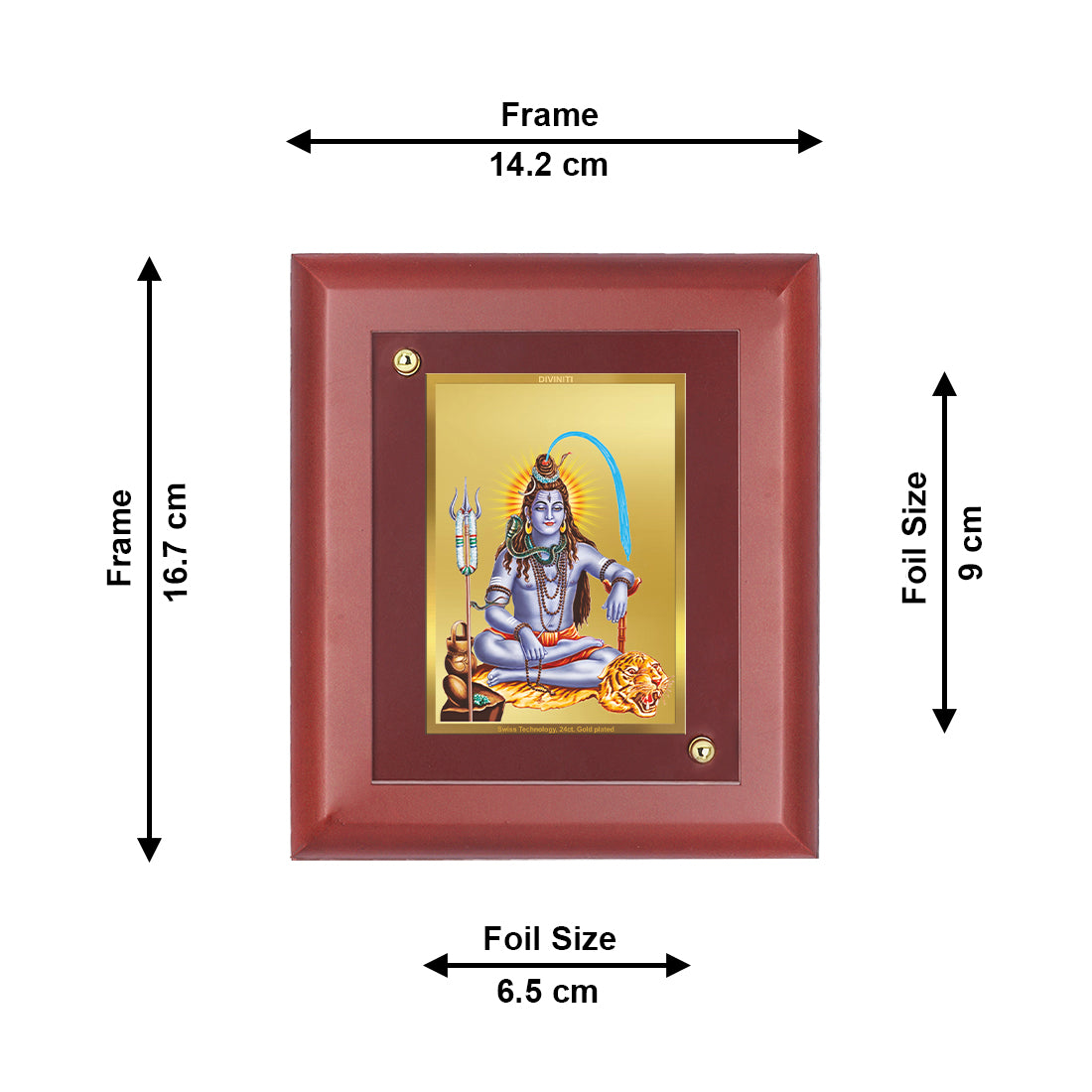 DIVINITI 24K Gold Plated Foil Lord Shiv Wooden Classic Photo Frame Idol for Home Wall Decor, Workshop, Table Top, Puja Room, Gift | MDF Size 1 (16.7x14.2 CM)