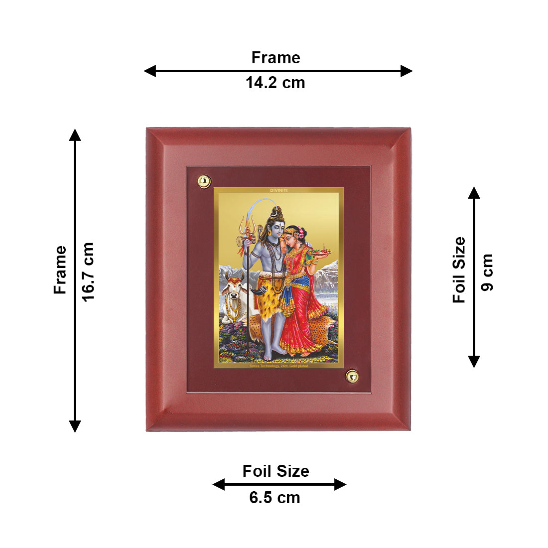 DIVINITI 24K Gold Plated Foil Shiv Parvati Wooden Luxurious Photo Frame Idol for Wall Decor, Workshop, Puja Room, Table Top, Gift | MDF Size 1 (16.7x14.2 CM)