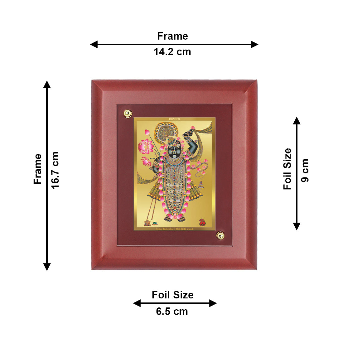 DIVINITI 24K Gold Plated Foil Shrinathji Wooden Elegant Wall Photo Frame Idol for Table Top, Home & Office Decor, Puja Room, Gift | MDF Size 1 (16.7x14.2 CM)