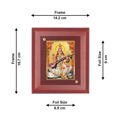 DIVINITI 24K Gold Plated Foil Goddess Saraswati Wooden Classic Wall Photo Frame Idol for Home & Office Decor, Table Top, Puja Room, Gift | MDF Size 1 (16.7x14.2 CM)