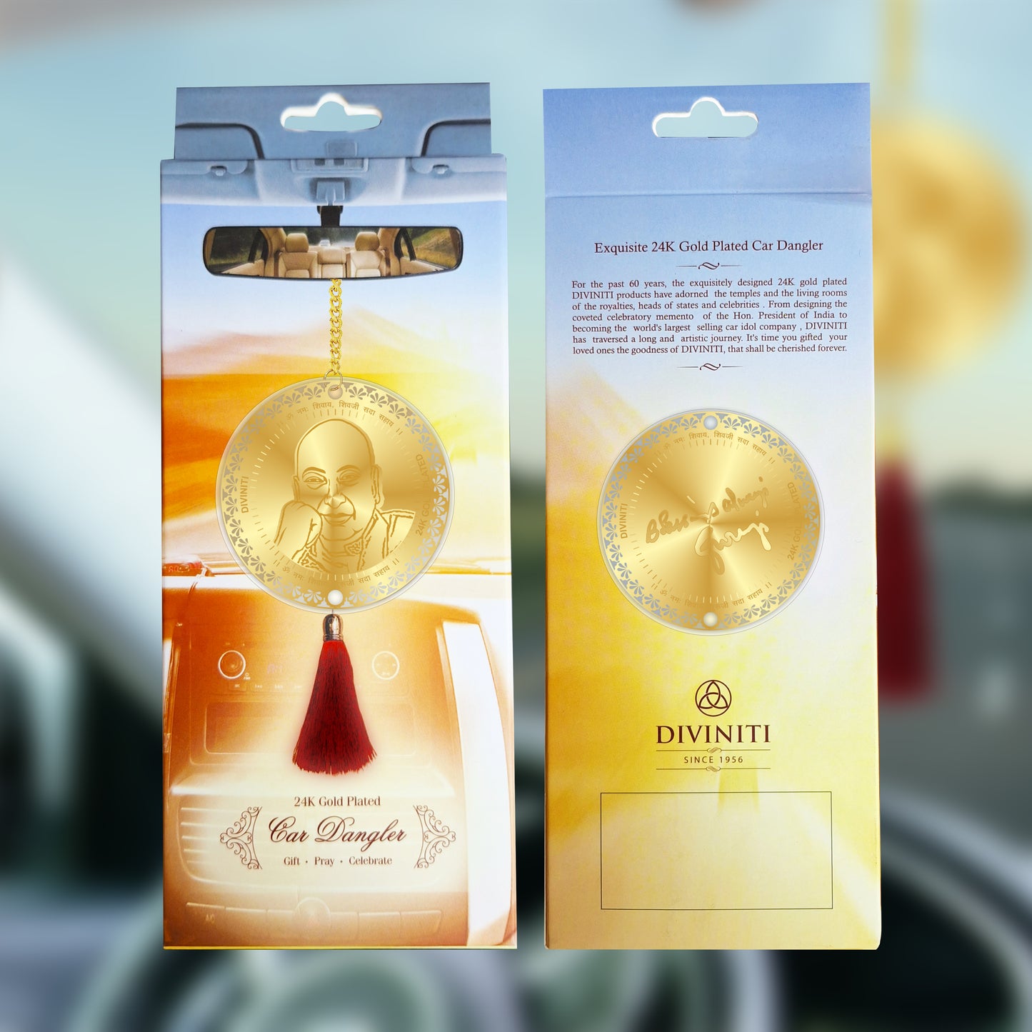 Diviniti 24K Gold Plated Double Sided Guruji Car Dangler| 6 CM Guruji Hanging Car Decor| Luxurious 24K Gold Plated Dangler For Car| Divine Car Accessories For Positive Energy & Protection