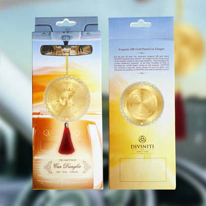 Diviniti 24K Gold Plated Double Sided Lakshmi Charan & Shree Yantra Car Dangler| 6CM Lakshmi Charan Hanging Car Decor| Luxurious Dangler For Car| Divine Car Accessories For Positive Energy