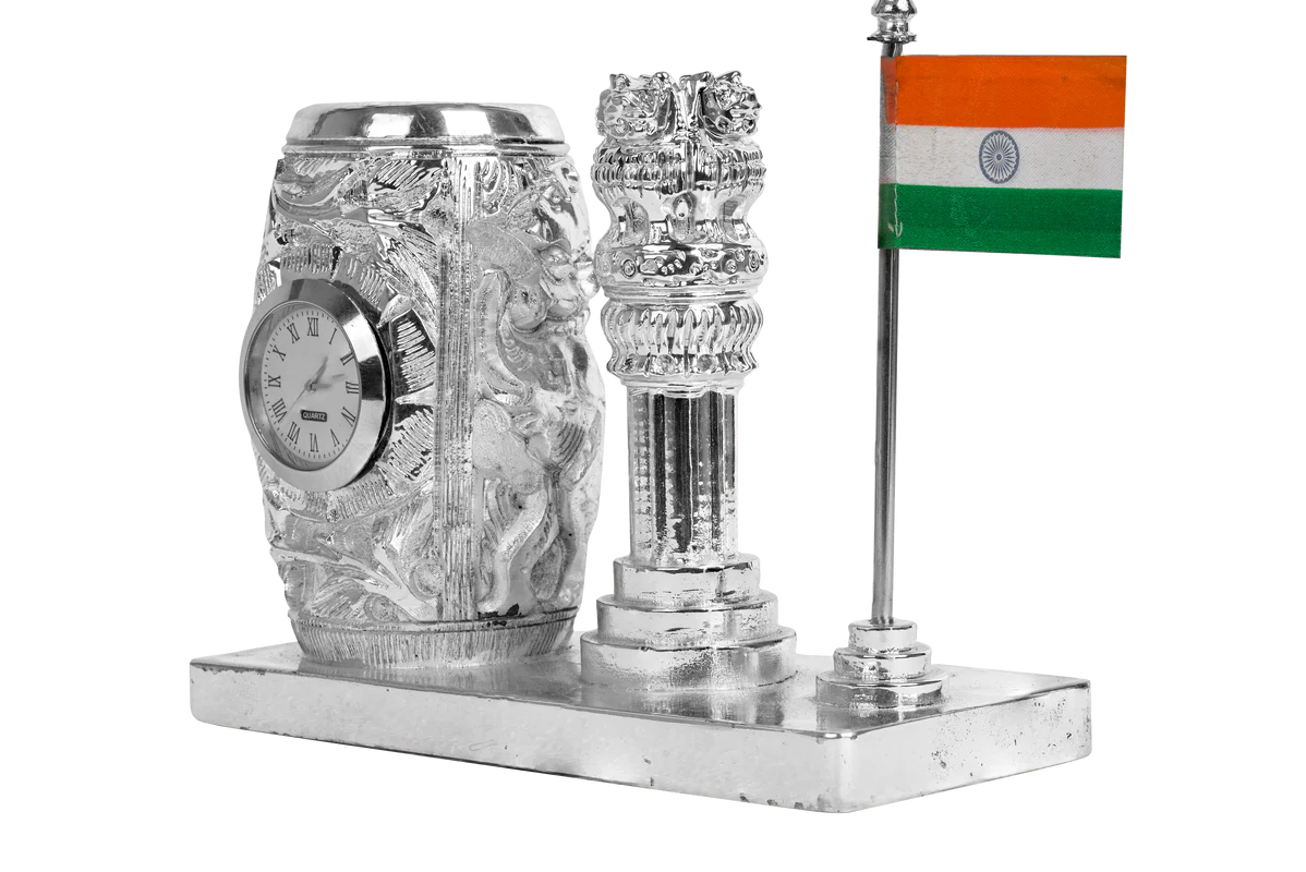 DIVINITI 999 Silver Plated Pen Holder with Ashok Stambh And Indian Flag For Office Desk, Table, Study Table