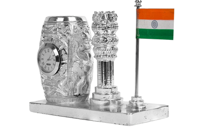 DIVINITI 999 Silver Plated Pen Holder with Ashok Stambh And Indian Flag For Office Desk, Table, Study Table