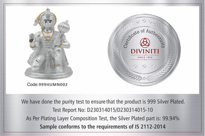 DIVINITI 999 Silver Plated Lord Hanuman Ji For Spiritual Power, Strength and Devotion Idol For Home, Office, Puja, Luxury Gift (8X5.5CM)