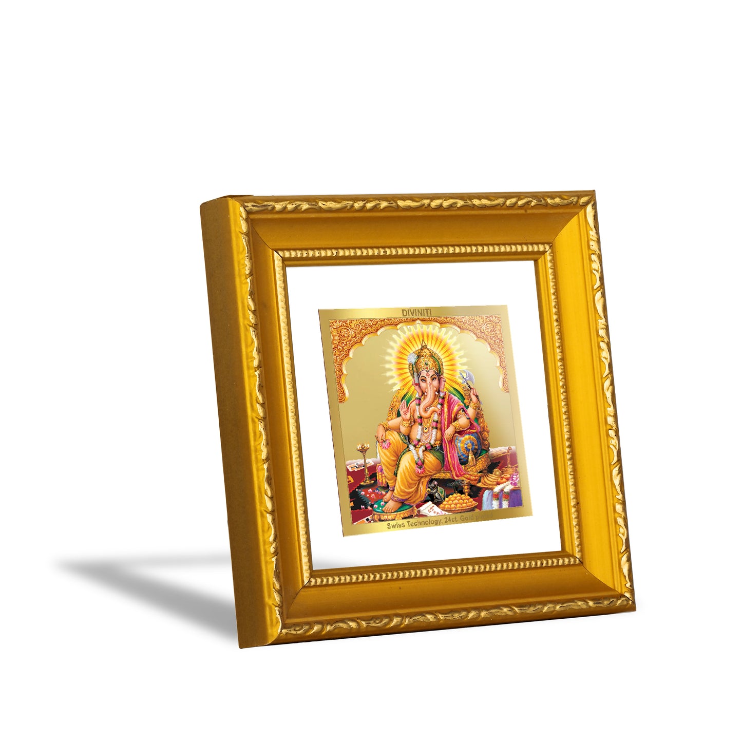 DIVINITI 24K Gold Plated Foil Lord Ganesha Wooden Traditional Wall Photo Frame Idol for Puja Room,  Home Decor, Table Top, Premium Gifts | DG101S1A (10x10 CM)