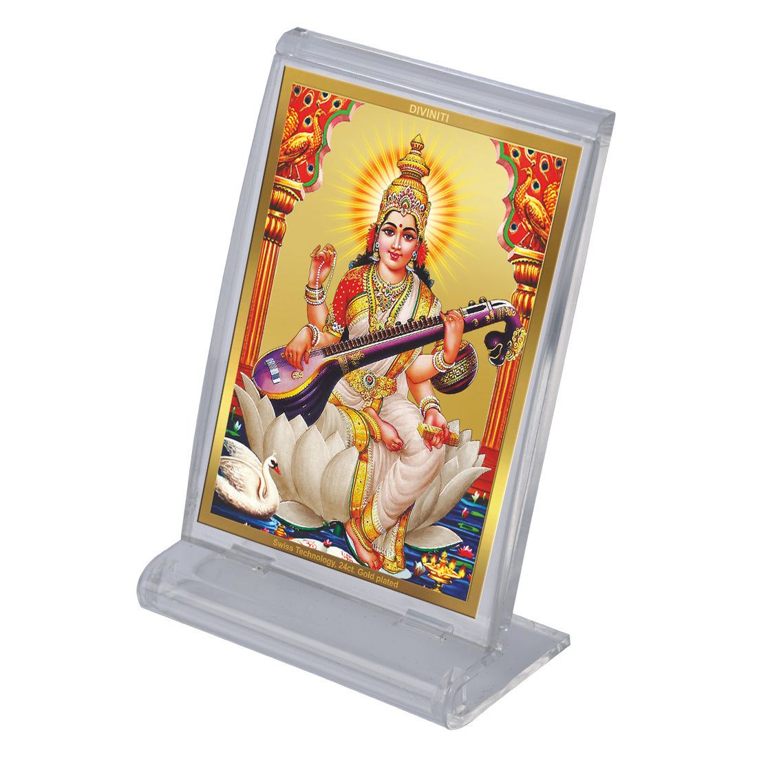 Diviniti 24K Gold Plated Goddess Saraswati Mata Frame For Car Dashboard, Home Decor Showpiece, Puja Room (11 x 6.8 CM)