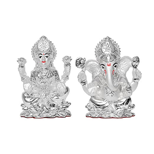 DIVINITI 999 Silver Plated Lakshmi Ganesha Idol For Home Decor, Worship, Festival Gift (9.5 X 6.5 CM)