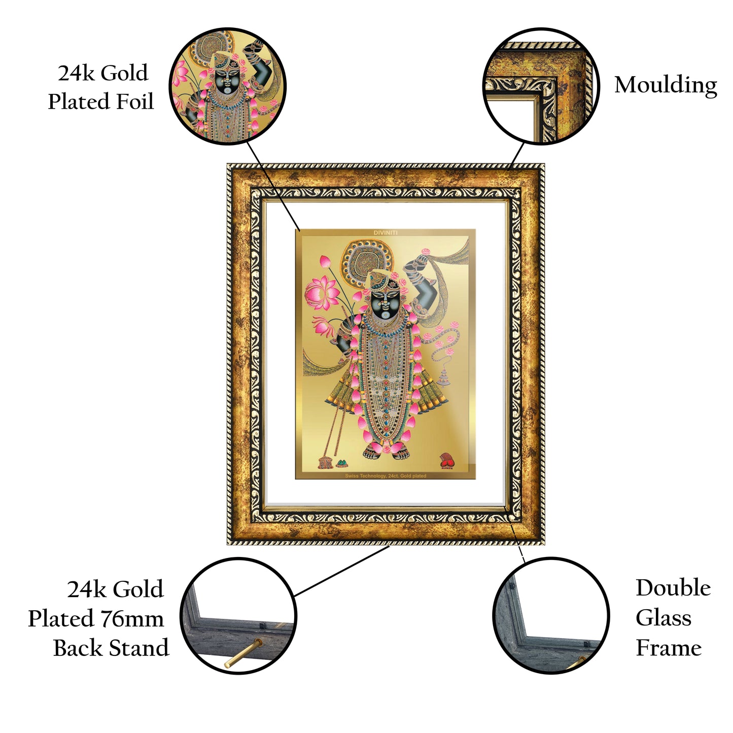 DIVINITI 24K Gold Plated Shrinathji Wall Photo Frame for Home Decor, Wall Hanging, Table Top, Puja Room & Gift DG113S3 (27.6X35.4 CM)