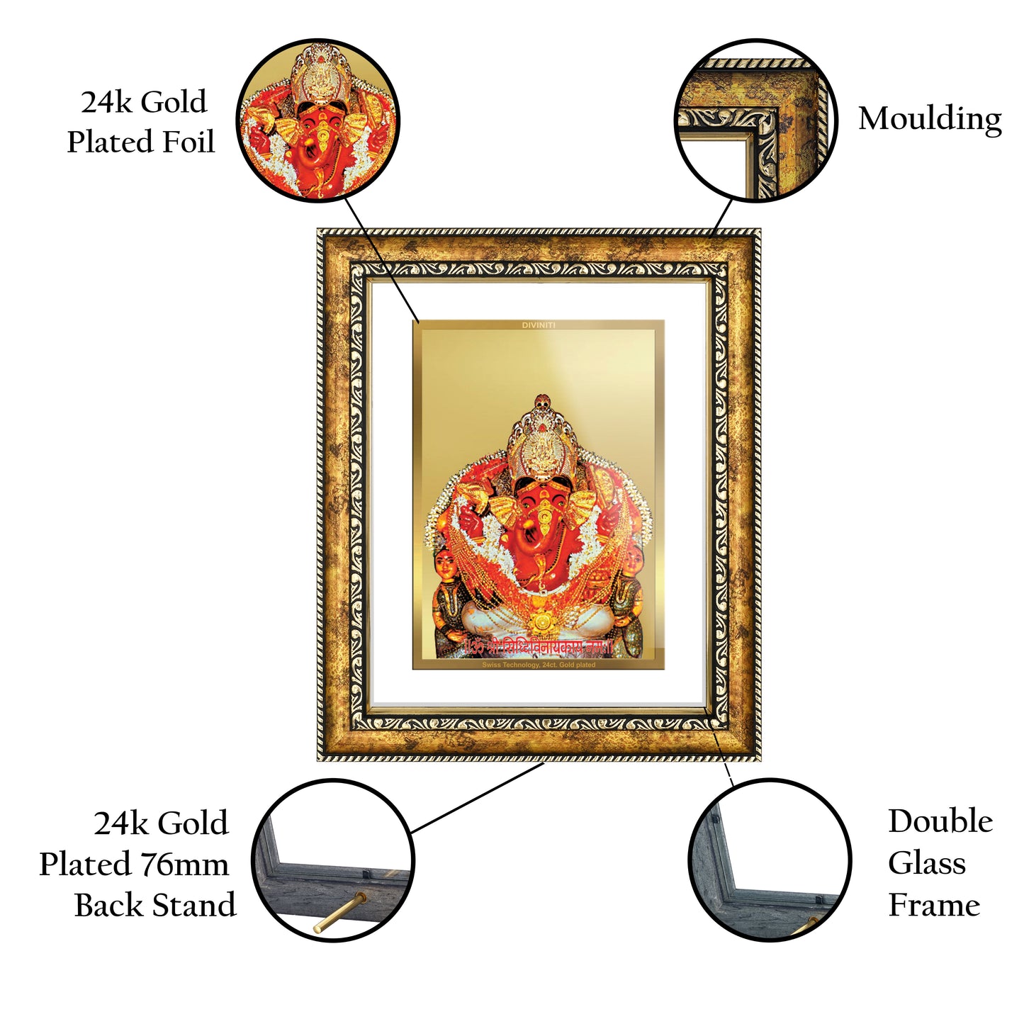 DIVINITI 24K Gold Plated Siddhivinayak Wall Photo Frame for Home Decor, Wall Hanging, Table Top, Puja Room & Gift DG113S3 (27.6X35.4 CM)