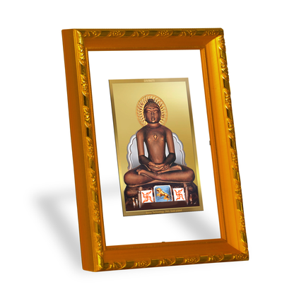 DIVINITI 24K Gold Plated Foil Mahavira Wooden Photo Frame Idol for Wall Hanging, Workshop, Table Top, Home Decor, Gift | DG103 Size 2 (22.6x18.4 CM)