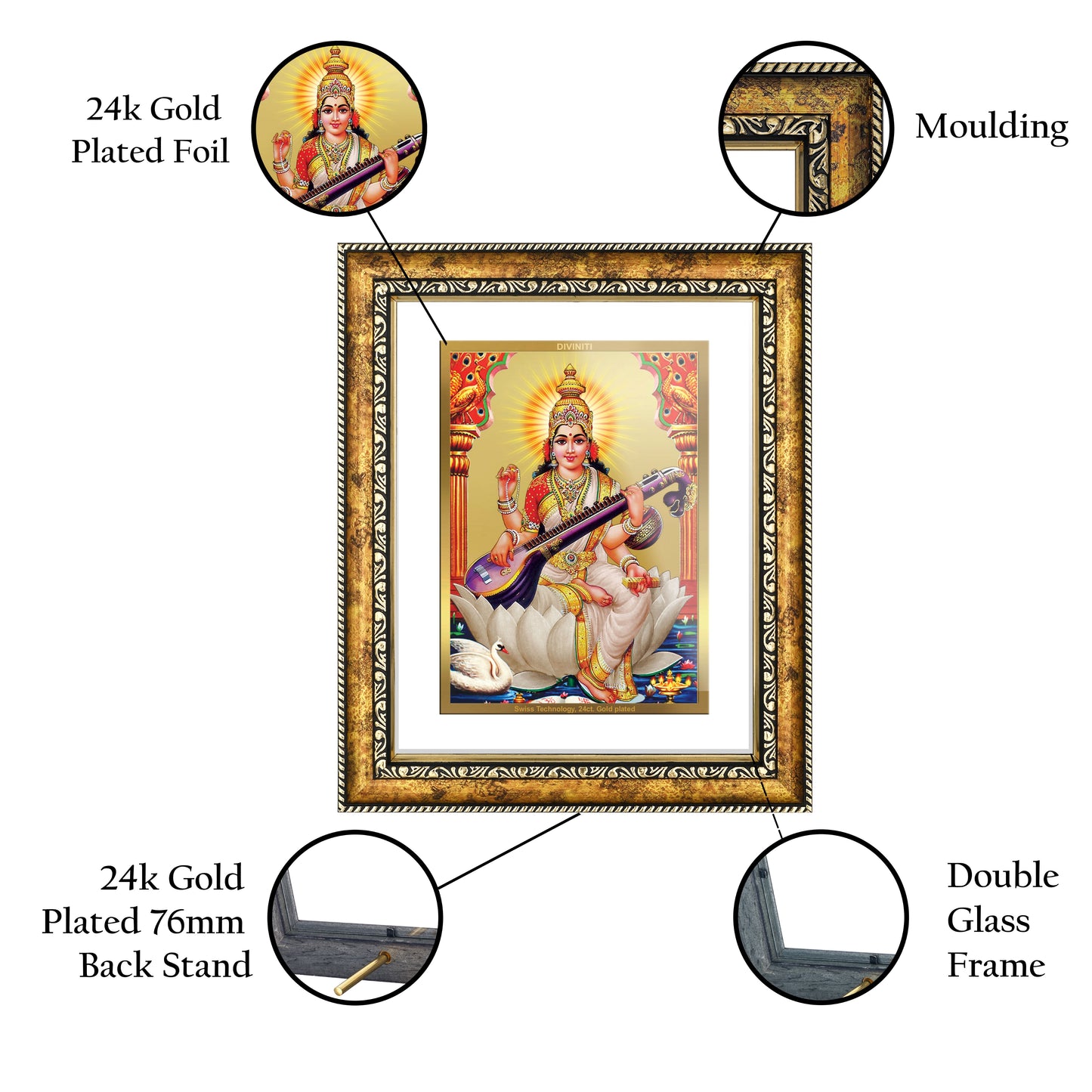 DIVINITI Saraswati Gold Plated Wall Photo Frame, Table Decor| DG Frame 113 Size 2.5 and 24K Gold Plated Foil (29 CM X 23.7 CM)