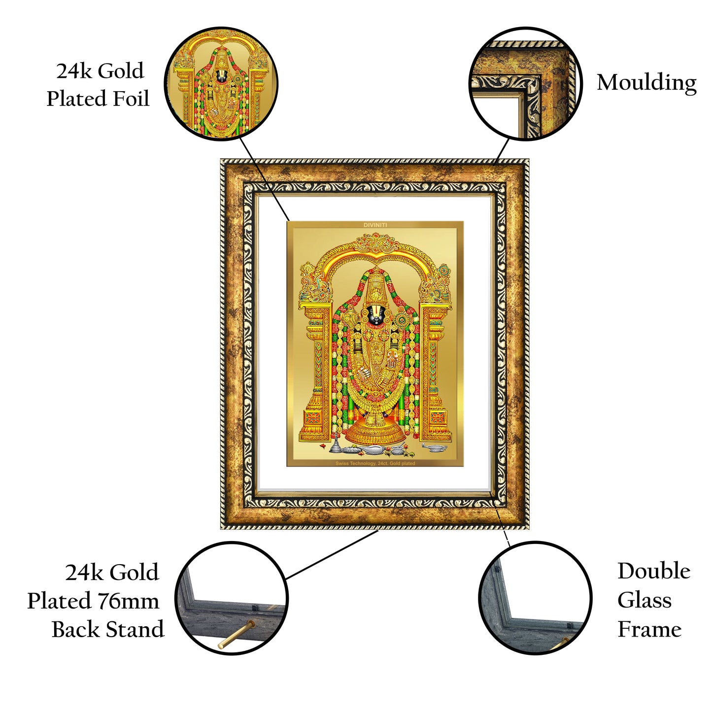 DIVINITI 24K Gold Plated Tirupati Balaji Wall Photo Frame for Home Decor, Wall Hanging, Table Top, Puja Room & Gift DG113S3 (27.6X35.4 CM)