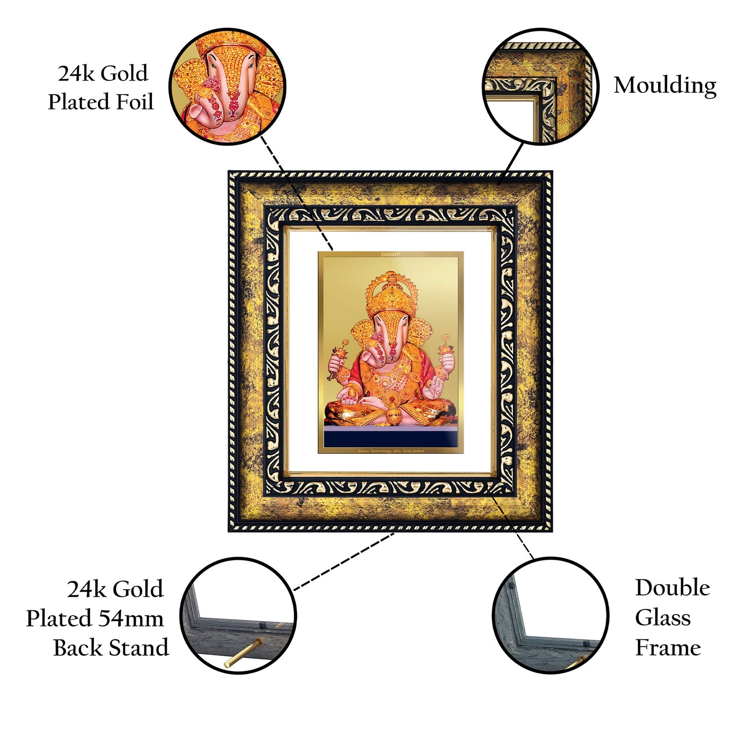 DIVINITI 24K Gold Plated Foil Dagdu Ganesha Photo Frame for Wall Hanging, Home Decor, Workshop, Table Top, Luxury Gift|DG113 Size 2 (22.6x18.4 CM)