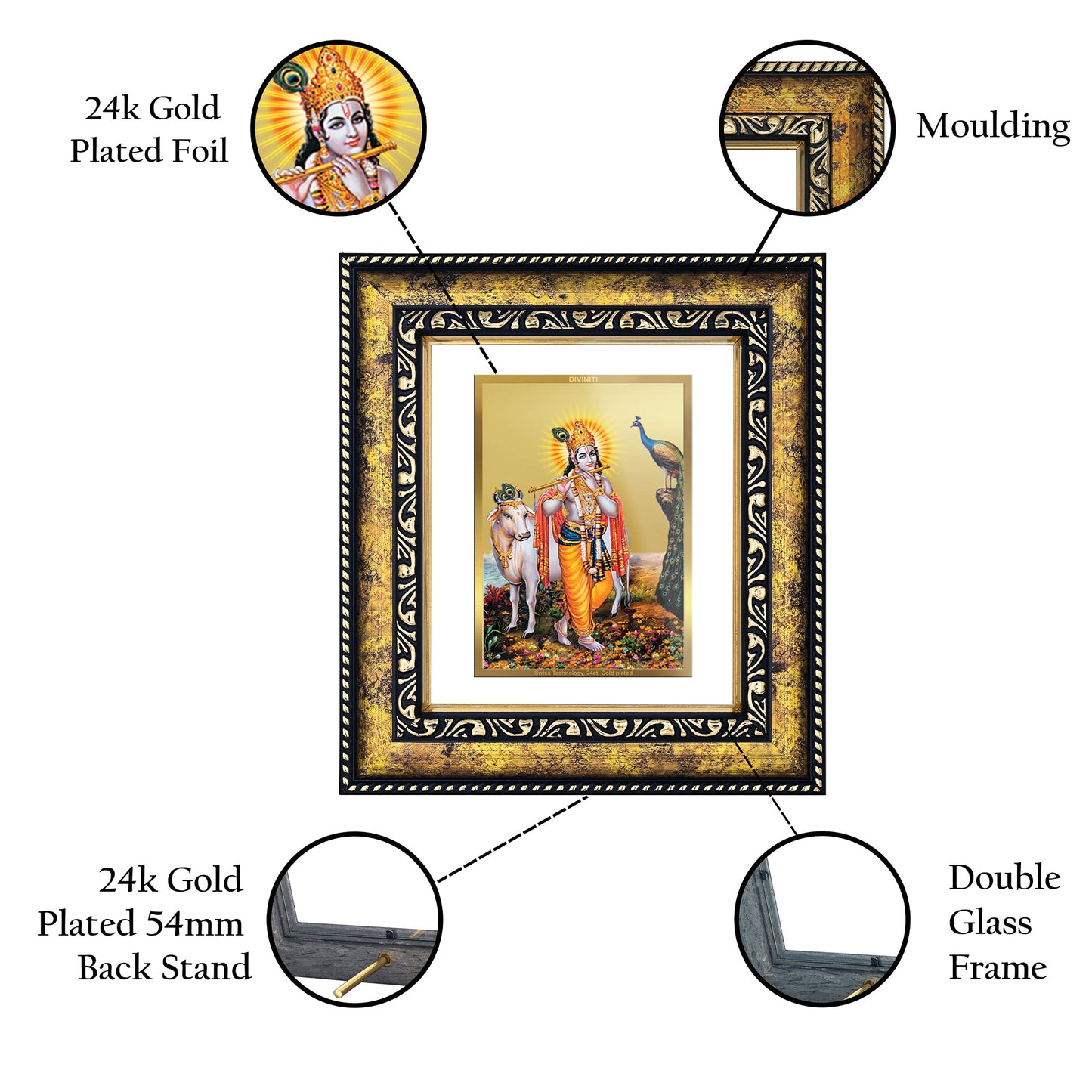 DIVINITI 24K Gold Plated Foil Lord Krishna Photo Frame for Wall Hanging, Workshop, Table Top, Home Decor, Luxury Gift|DG113 Size 2 (22.6x18.4 CM)