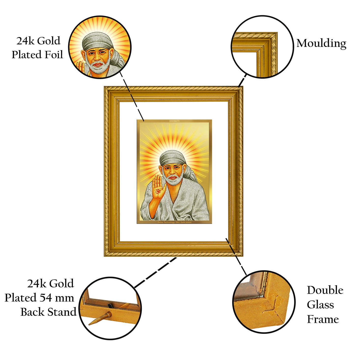 DIVINITI 24K Gold Plated Shirdi Sai Baba Wall Photo Frame for Home Decor, Wall Hanging, Table Top, Puja Room & Gift DG056S3 (27.6X35.4 CM)