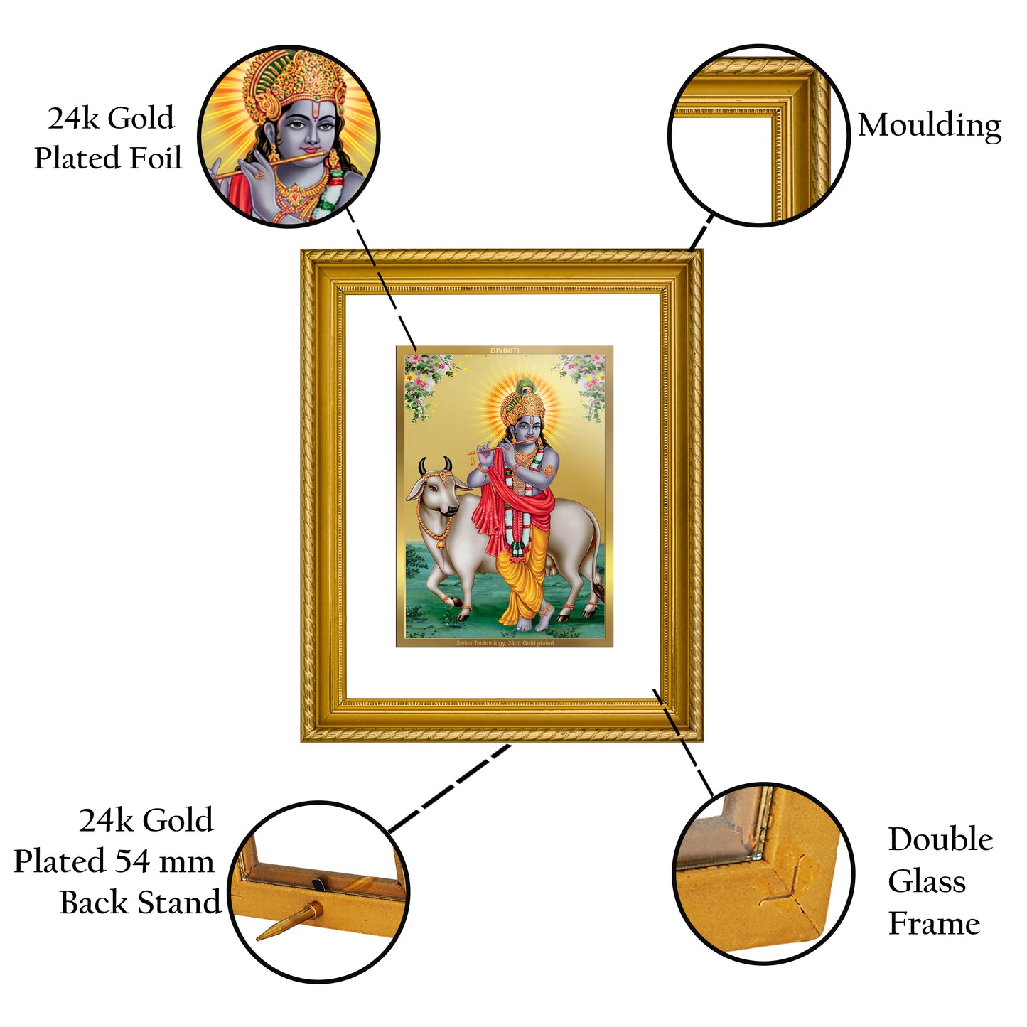 Diviniti 24K Gold Plated Krishna Wooden Photo Frame for Home & Office Decor, Wall Hanging, Tabletop, Puja Room, Gift DG056S2.5 (29.5x24.5 CM)