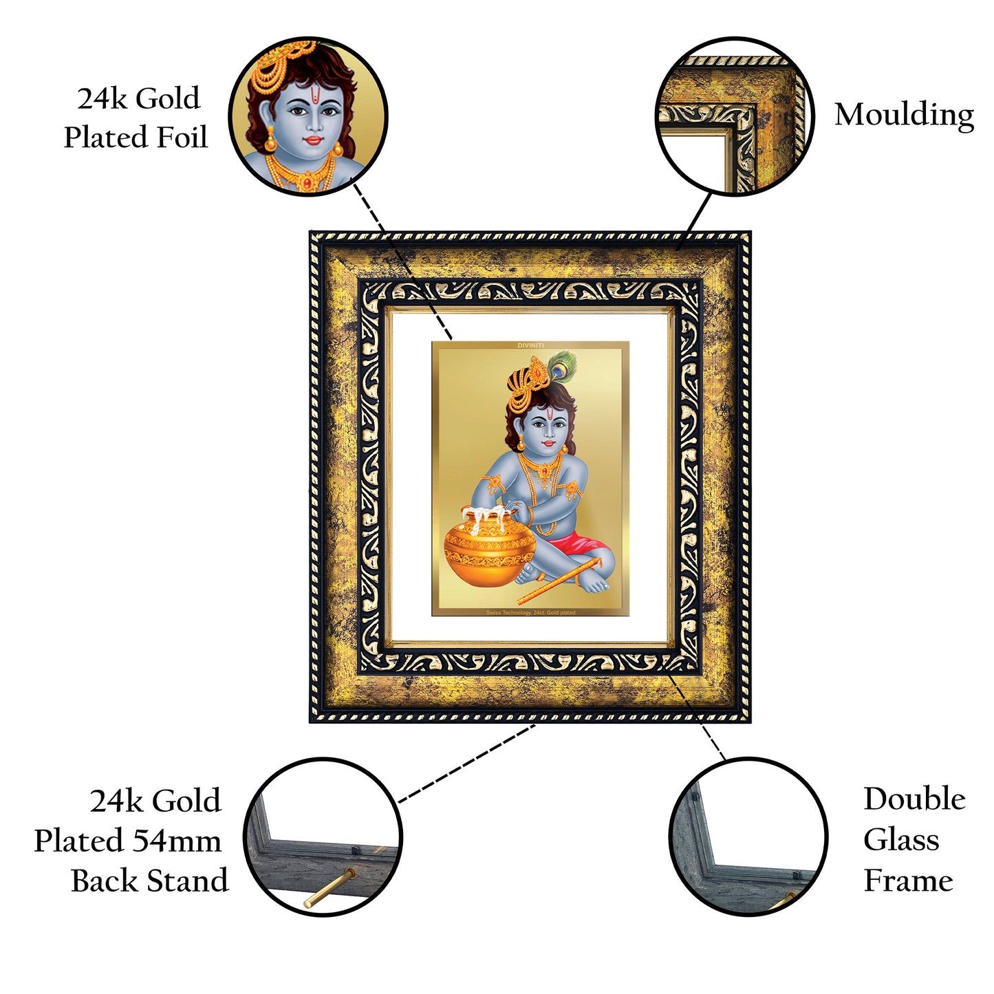 DIVINITI 24K Gold Plated Foil Bal Gopal Photo Frame Idol for Wall Hanging, Workshop, Table Top, Home Decor, Luxury Gift|DG113 Size 2 (22.6x18.4 CM)