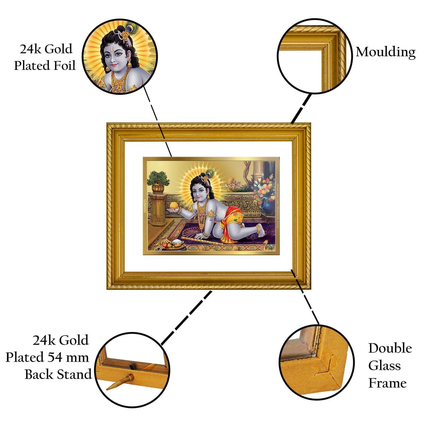 Diviniti 24K Gold Plated Laddu Gopal Wooden Photo Frame for Home & Office Decor, Wall Hanging, Tabletop, Puja Room, Gift DG056S2.5 (29.5x24.5 CM)