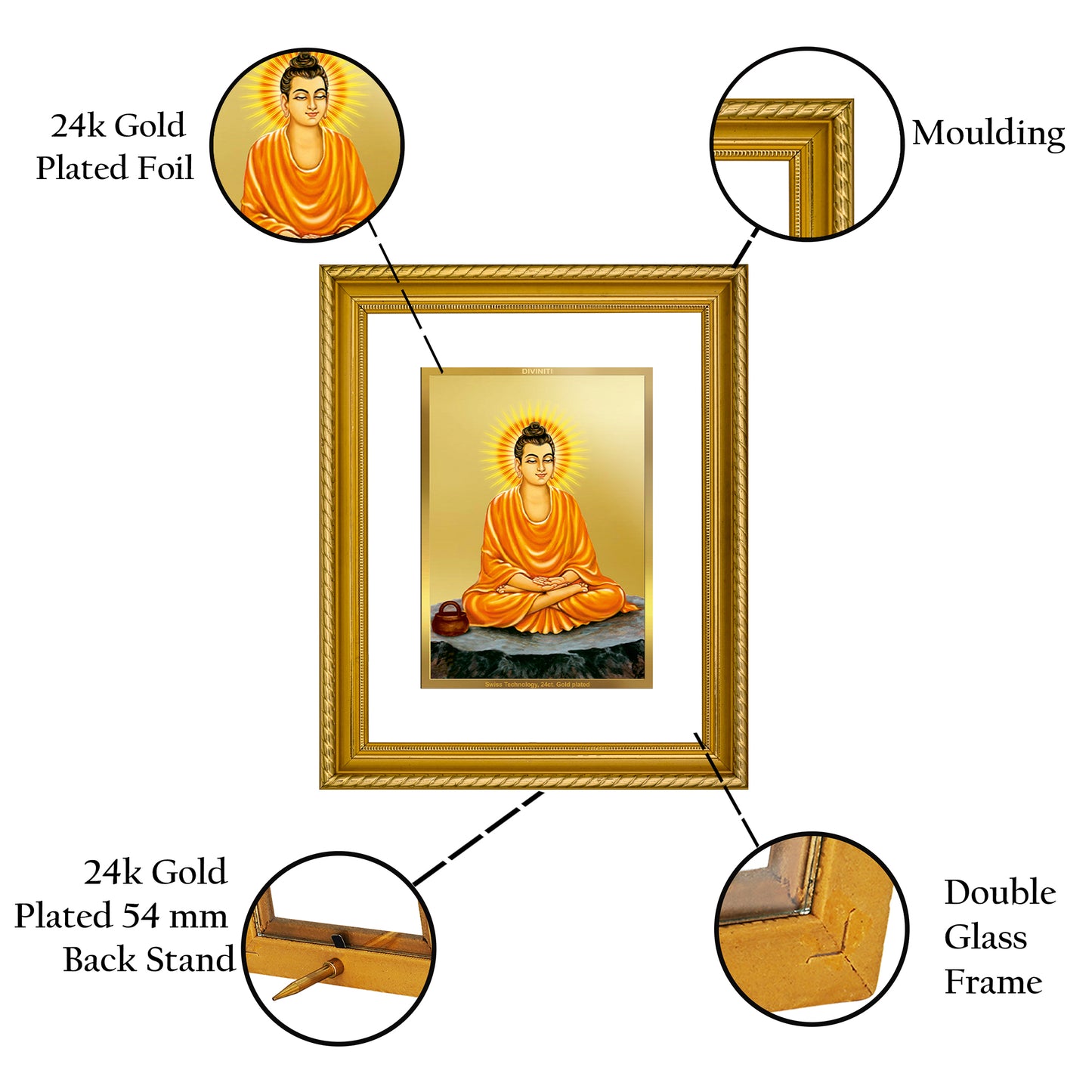 DIVINITI 24K Gold Plated Buddha Wall Photo Frame for Home Decor, Wall Hanging, Table Top, Puja Room & Gift DG056S3 (27.6X35.4 CM)