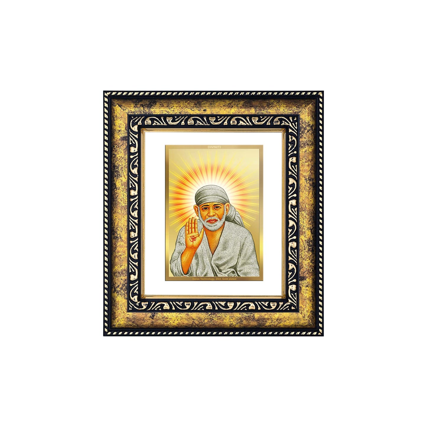 DIVINITI 24K Gold Plated Sai Baba Religious Photo Frame Idol for Home & Office Decor, Wall Hanging, Workshop, Table Top, Gift|DG113 Size 2 (22.6x18.4 CM)