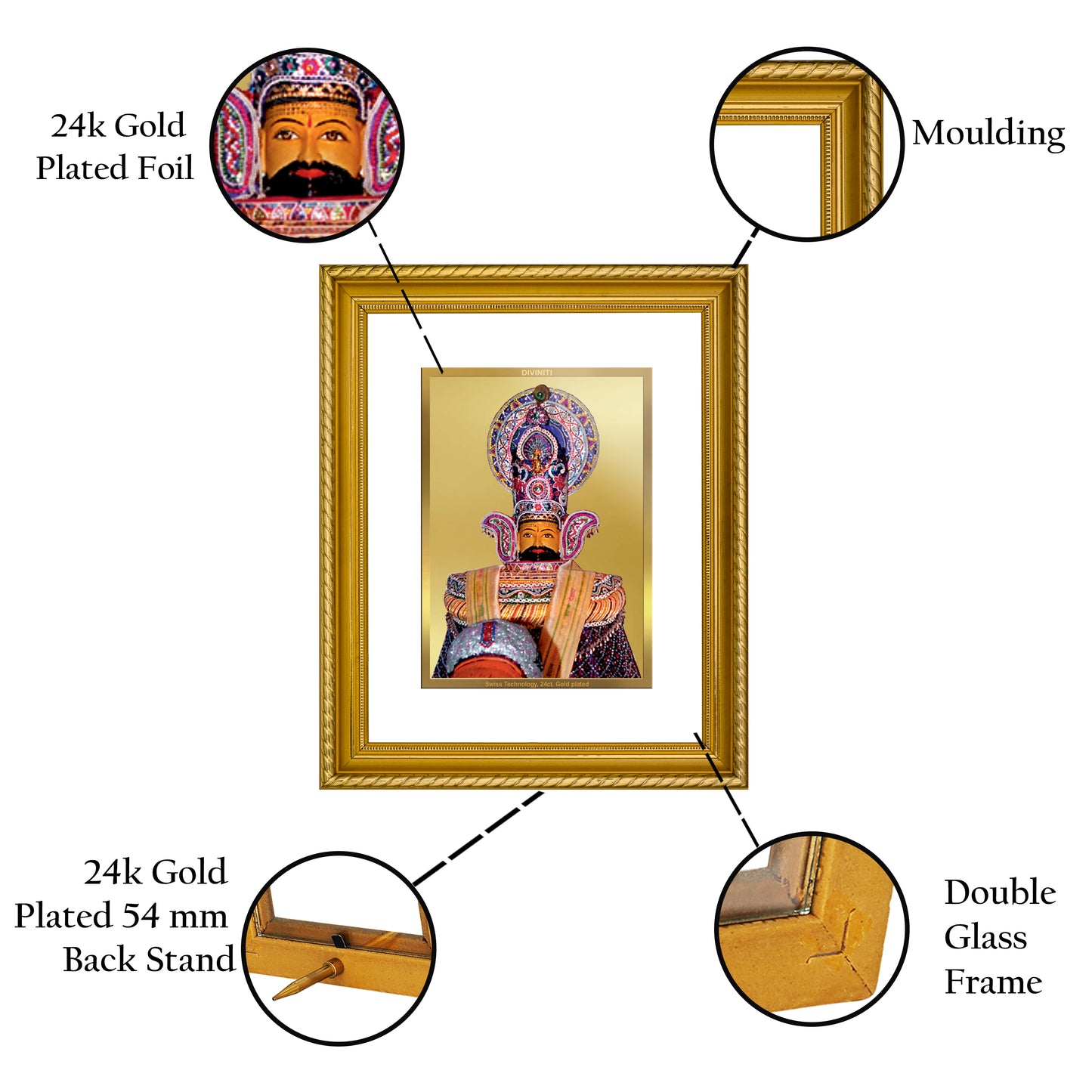 Diviniti 24K Gold Plated Khatu Shyam Wooden Wall Photo Frame for Home & Office Decor, Tabletop, Puja Room, Gift DG056S2.5 (29.5x24.5 CM)