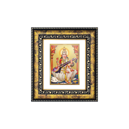 DIVINITI 24K Gold Plated Goddess Saraswati Wooden Photo Frame Idol for Home Decor, Puja Room, Table Top, Wall Hanging, Workshop, Luxurious Gift | DG113 Size 2 (22.6x18.4 CM)