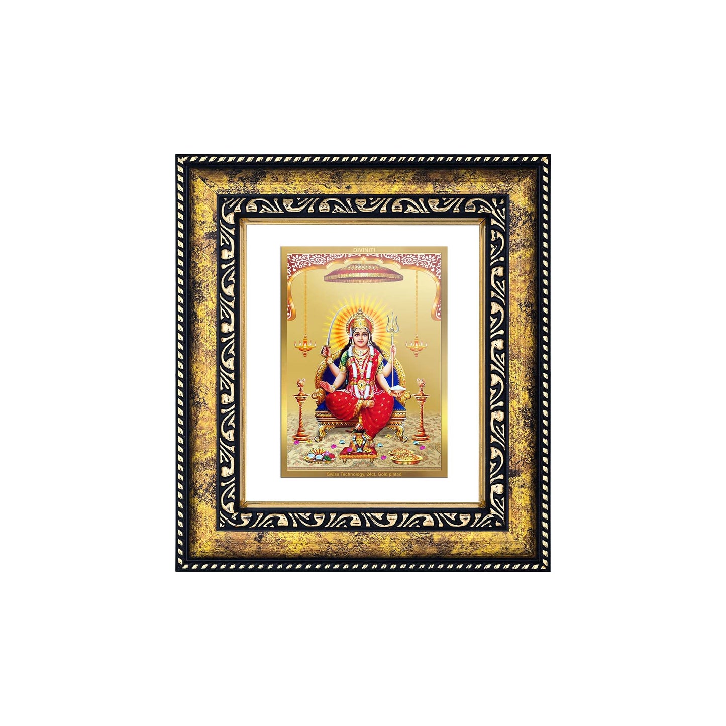 DIVINITI 24K Gold Plated Santoshi Mata Wooden Premium Photo Frame Idol for Puja Room, Home Wall Decor, Workshop, Table Top, Premium Gift | DG113 Size 2 (22.6x18.4 CM)