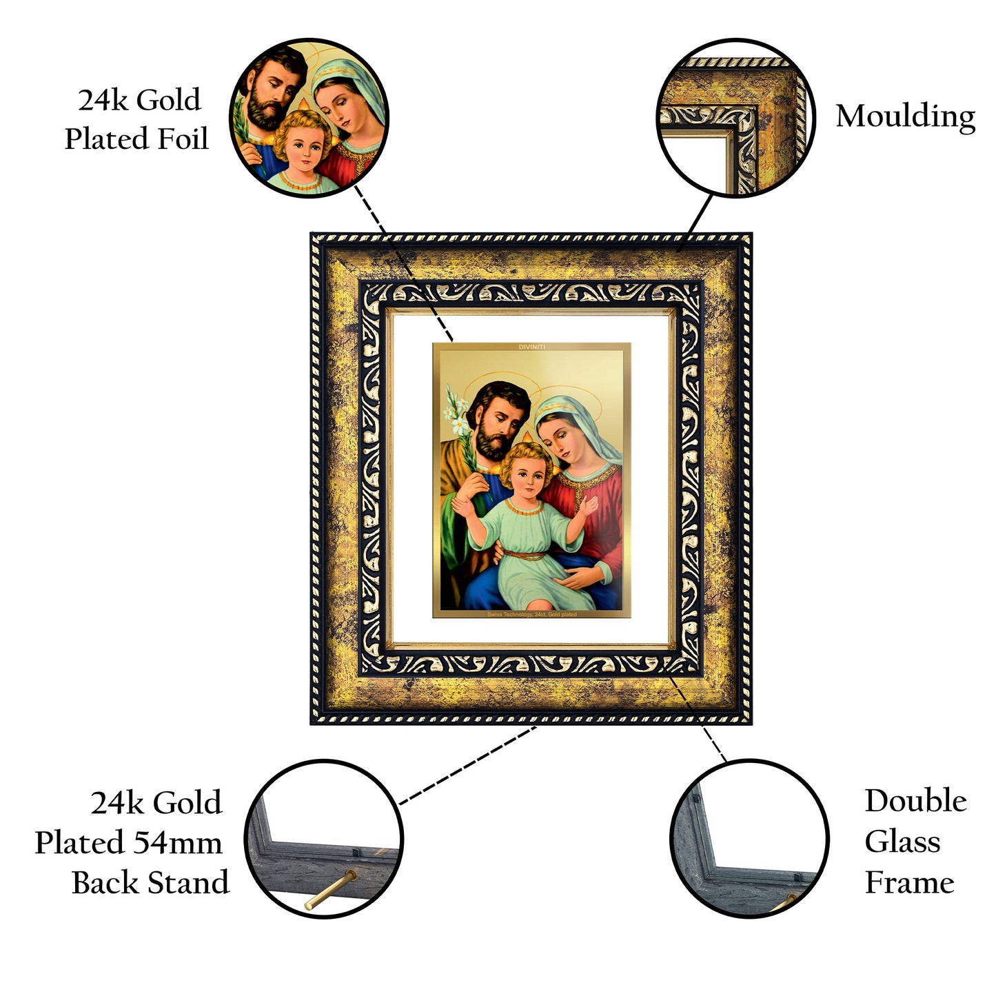 DIVINITI 24K Gold Plated Foil Holy Family Photo Frame for Home Decor, Puja Room, Table Top, Wall Hanging, Workshop, Gift|DG113 Size 2 (22.6x18.4 CM)