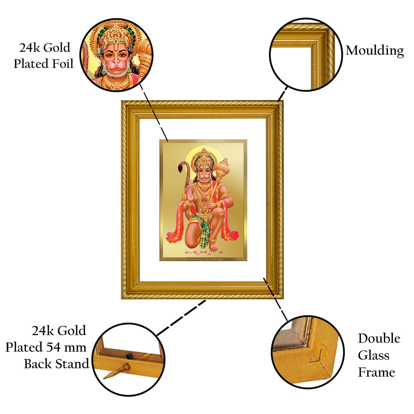 Diviniti 24K Gold Plated Hanuman Wooden Photo Frame for Home & Office Decor, Wall Hanging, Tabletop, Puja Room, Gift DG056S2.5 (29.5x24.5 CM)